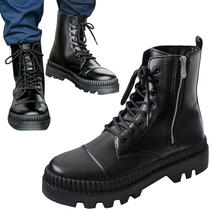 ALVEIN シークレットブーツ ワークブーツ ショートブーツ メンズ 6cm ハイカット 厚底 サイドジッパー 24.5( ブラック,  24.5 cm)