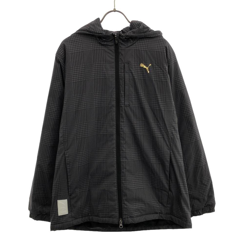 プーマ 幾何学柄 ブランドタグ ロゴプリント 中綿ジャケット L グレー PUMA ダブルジッパー 裏地付き 胸ポケット メンズ