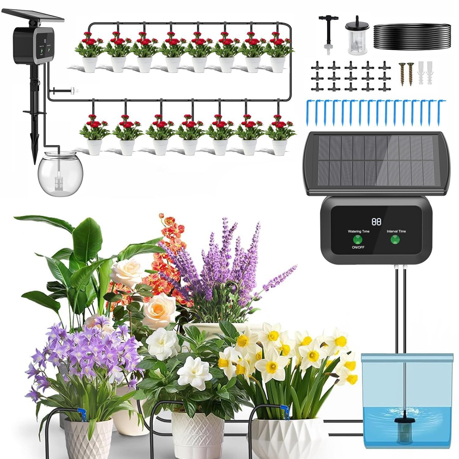 HUIZHOU 自動水やり 植物 ソーラー自動灌漑 2200 mAh電池 ソーラー点滴灌漑キット、温室、花園、ベランダの15種類の鉢植え植物の室内外自動灌漑システムに適用する