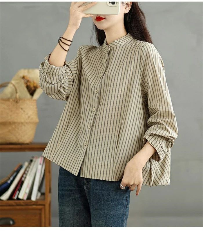 シャツ ストライプシャツ バンドカラーシャツ レディース 長袖 後ろボリューム感 トップス ストライプ 前開き スタンドカラー シャツ 大きいサイズ カジュアル  zzr01131706f5ba