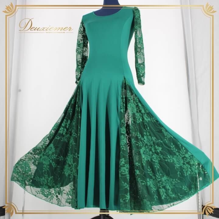 社交ダンス 衣装 ドレス ワンピース レッスンウェア レディース オールシーズン YILINFEIER 緑 グリーン系 長袖 レース フェミニン ヨガ 舞台衣装 フォーマル コスプレ おしゃれ ダンスウェア 揺れる エレガント 女性用