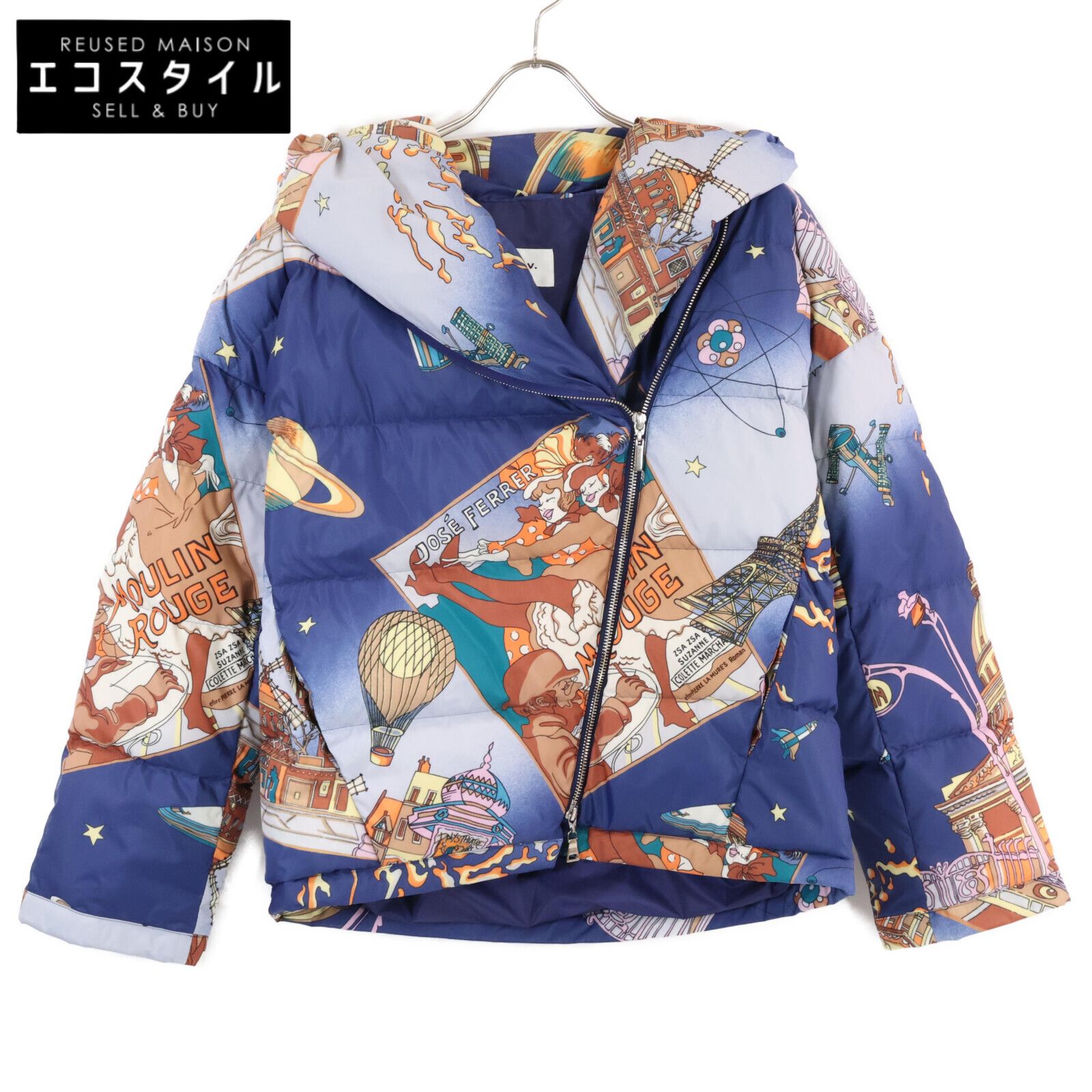 49av.Junko Shimada 49アベニュージュンコシマダ 313434124 ブルー パリナイト総柄 アシンメトリージップショートダウンジャケット 38