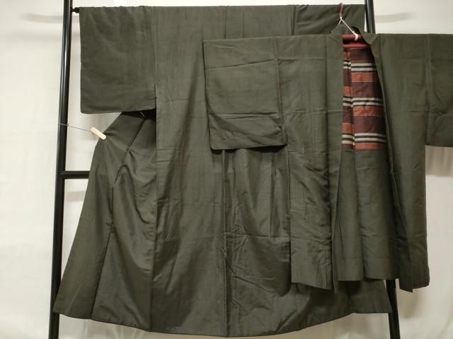 平和屋着物＃男性 和装コート 紬地 縞 ロング丈 正絹 逸品 CAAT5795id