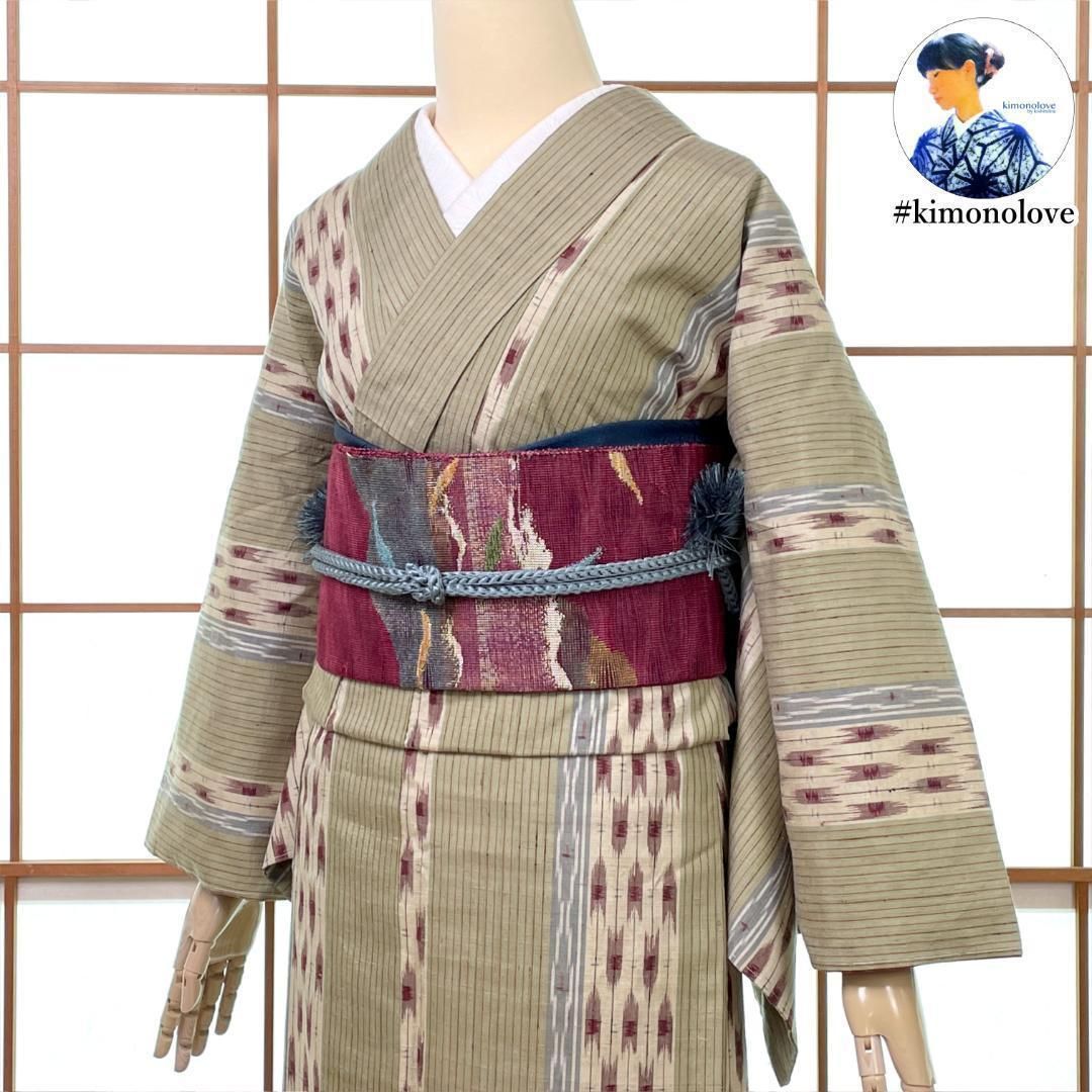 紬 着物 袷 正絹 矢羽根 ストライプ モスグリーン kimonolove 仕付糸付 リユース品 オゾン消臭サービス A-2162
