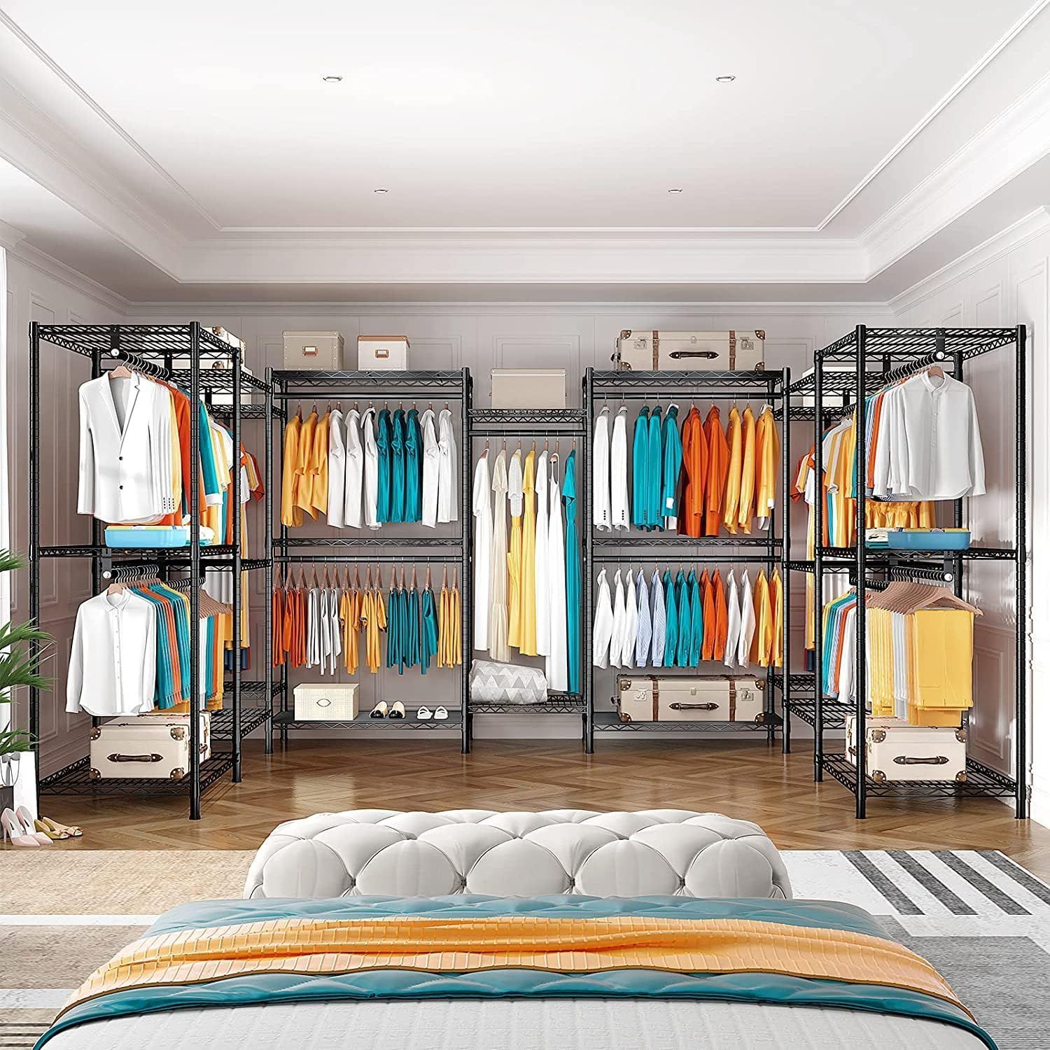 ワードローブ ハンガーラック 大容量 収納ラック 洋服ラック コート掛け 頑丈 棚板高さ調節 新生活 ブラック 幅187×奥行44×高さ194cm