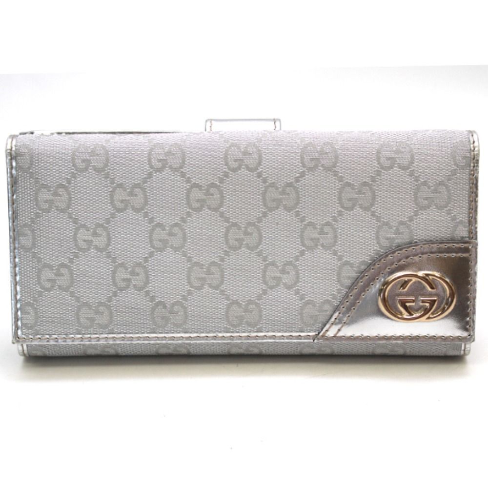 グッチGUCCI GG キャンバス 長財布 シルバー プレートブラウン 長財布