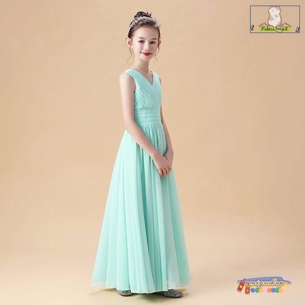 【上品で大人気♪】ピアノ発表会 ドレス 中学生 ワンピース ジュニアドレス 子供ドレス シンプル ネイビー ロング丈 グリーン シフォン お姫様 着やせ 上品 エ 毎日使い