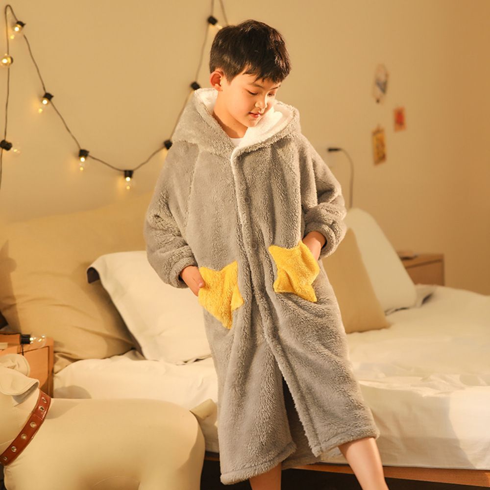 グレー×ボーイズ  140(推薦身長115-140)  バスローブ pmybath008 キッズ バスローブ ガウン ナイトガウン ロングガウン ルームウェア 着る毛布 部屋着 パジャマ 寝巻き 寝巻 フード付き フード 男の