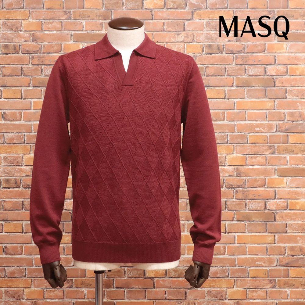 25秋冬|MASQ|50サイズ|スキッパーポロ M5625-6029 イタリア製 ニット ポロシャツ ウール ダイヤ柄 アーガイル メンズ 紳士 マスク |赤|ボルドー|mc385|