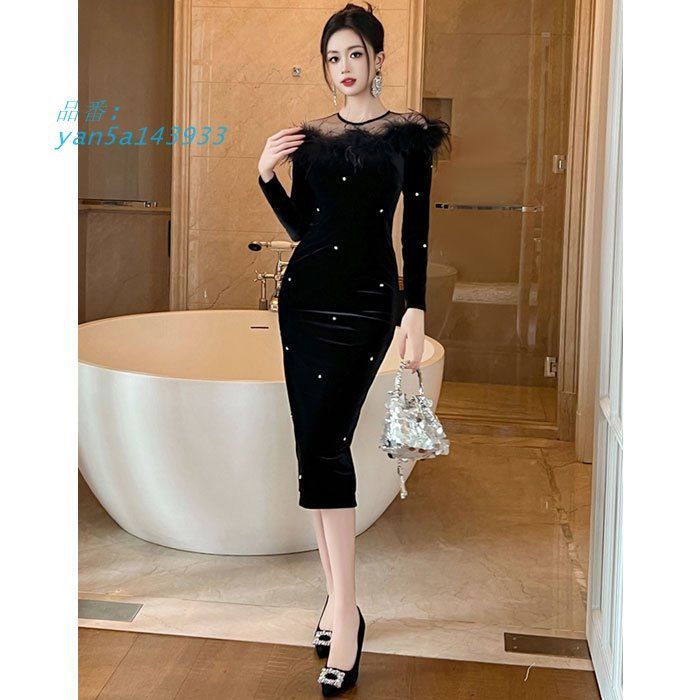 首元ファー ベロア使用ビジュー付き長袖膝丈タイトドレスワンピース 黒 結婚式 お呼ばれ きれいめ レディース ドレス 韓国 おしゃれ yan 5 a 143933