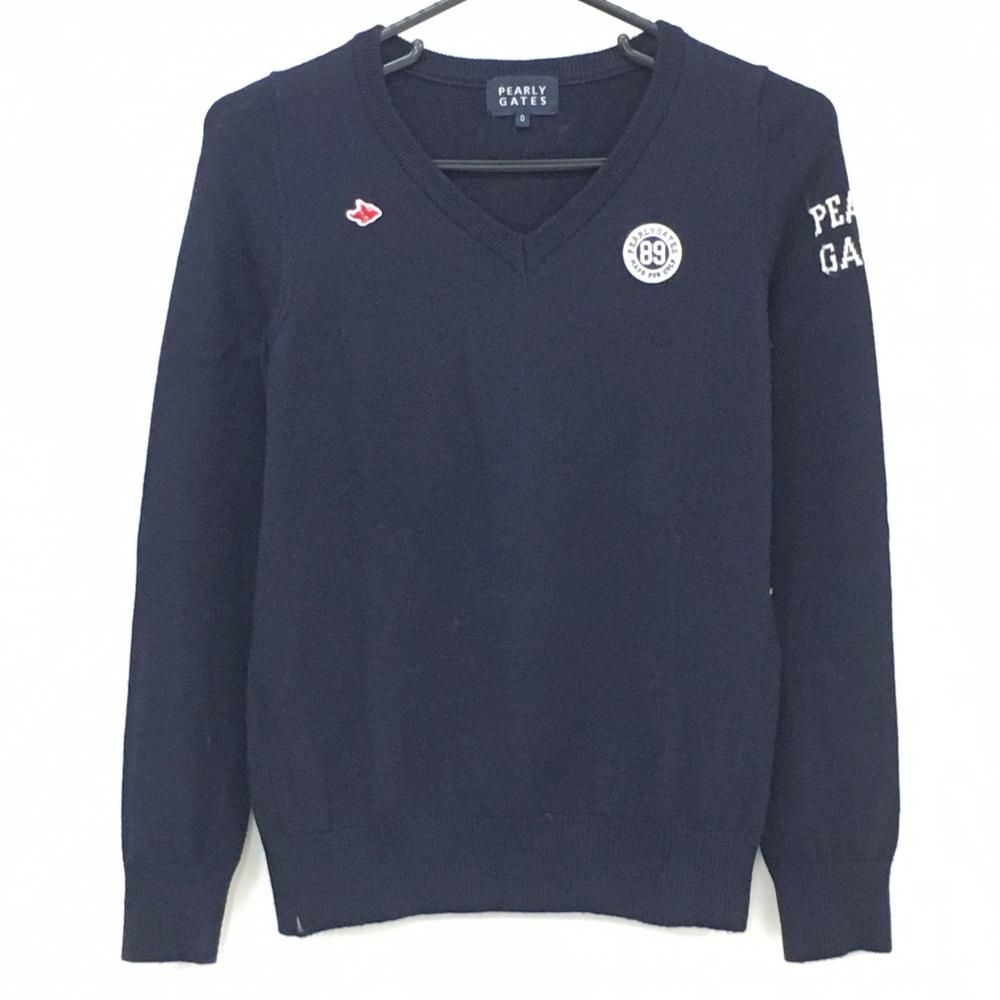 美品 パーリーゲイツ ゴルフウェア ニットセーター 毛 ロゴ ネイビー 紺 0 PEARLY GATES パーリーゲイツ 裏地付 ニットセーター ネイビー系