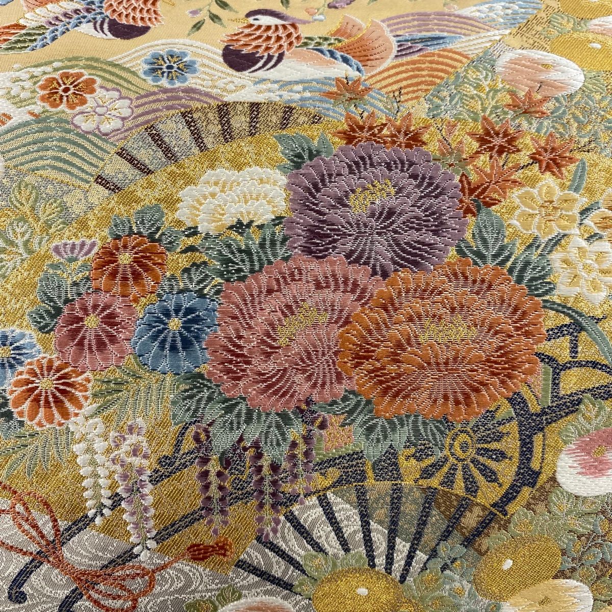 袋帯 美品 秀品 檜扇 花蝶 金糸 箔 銀色 六通 正絹 中古 袋帯 秀品 振袖向き 桜 金銀糸 箔 金色 六通 正絹 中古 袋帯 美