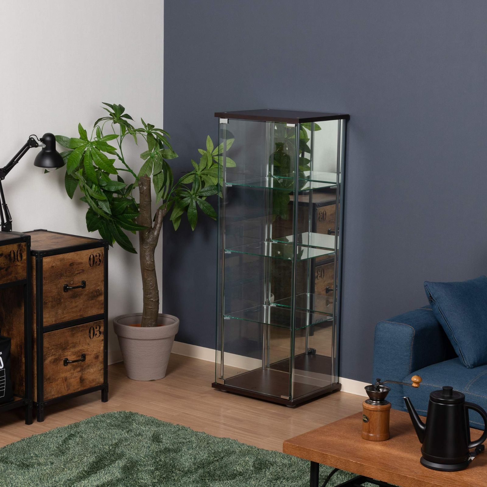 在庫処分 不二貿易 コレクションケース フィギュアケース 4段 幅42.5×奥行36.5×高さ120cm ブラウン 強化ガラス 背面ミラー 組立商品 97339