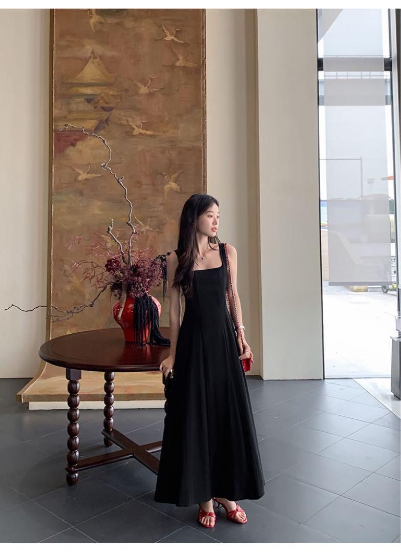 春の装い ウエストマーク ロングワンピース フレンチブラック