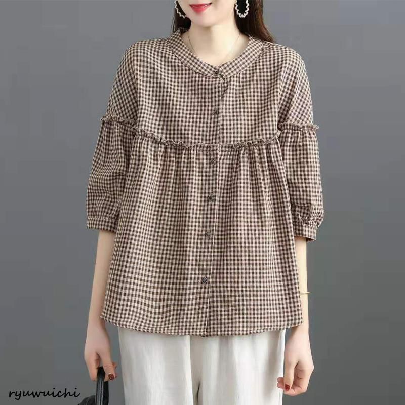 春物 レディース ブラウス 服 レディースアジアン アジアンブラウス レディース 七分袖 春夏 シャツ スタンド チェック柄 シャツブラ