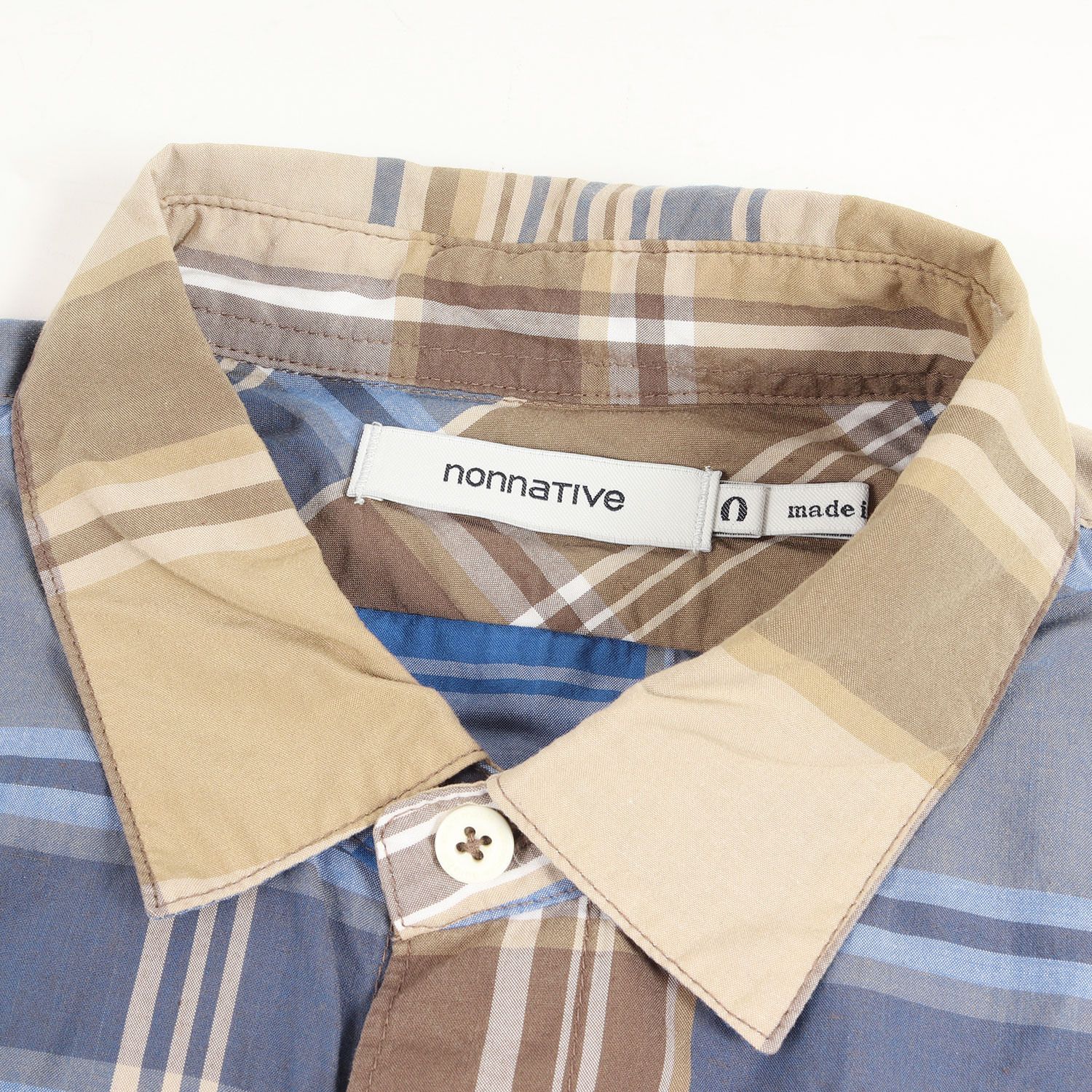 美品 NONNATIVE ノンネイティブ シャツ サイズ:S マドラスチェック ロング 半袖 シャツ HUNTER LONG SHIRT S/S  R/P MADRAS PLAID / NN-S3524 19SS ベージュ ブルー トップス カジュアルシャツ