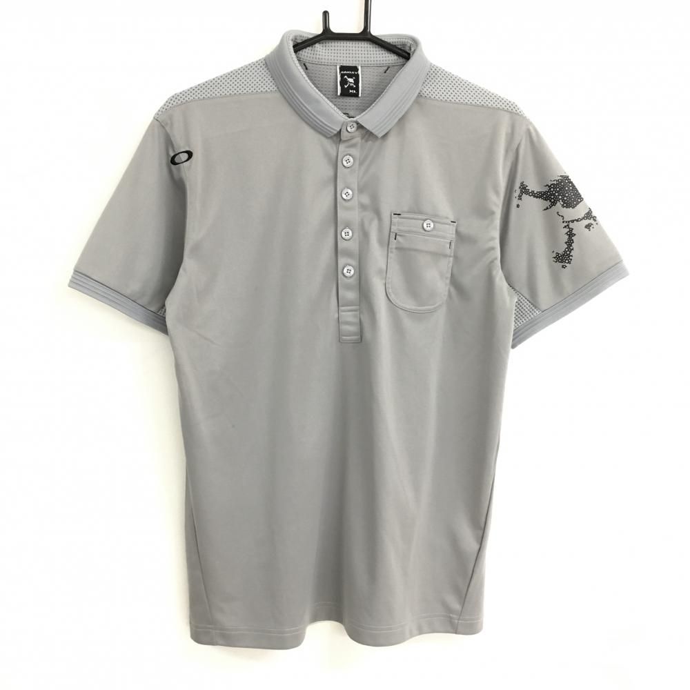 SALE20％OFFオークリー 半袖ポロシャツ グレー×黒 ロゴ刺しゅう 袖下・背面一部メッシュ調 メンズ XL ゴルフウェア Oakley