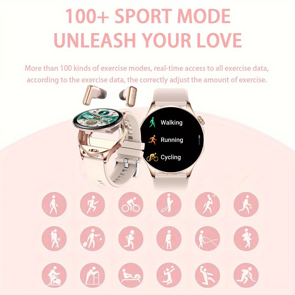 女性向けのスマートウォッチ ワイヤレスヘッドフォン 100以上のフィットネスモード 1.43インチIPSディスプレイ 466P解像度 USB充電 280mAhバッテリー 合金ボディ シリコンストラップ さまざまなスポーツモード 磁気充電機能を備えた2-in-