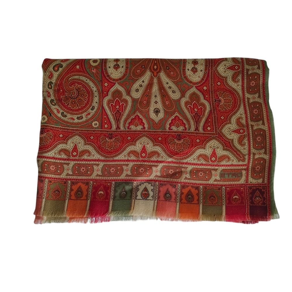 ETRO エトロ ウール×シルク レトロ ペイズリー柄 大判 ストール マフラー ブラウン系 マルチ レディース 古着