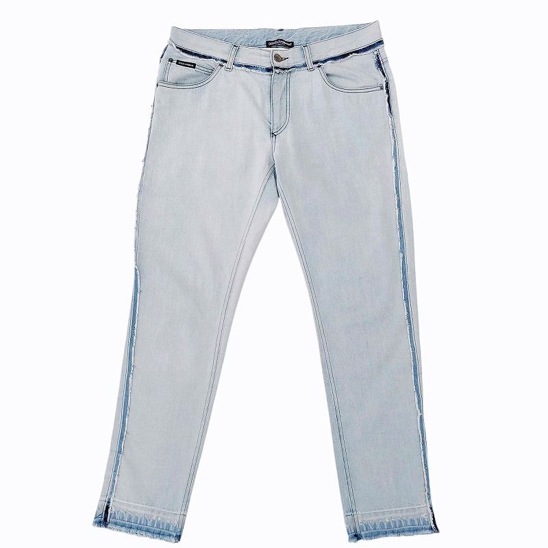ドルチェu0026ガッバーナ ドルガバ DOLCEu0026GABBANA デニム ジーンズ ジーパン パンツ ダメージ加工 カットオフ ロゴ 水色 ライトブルー 48 約M 1006