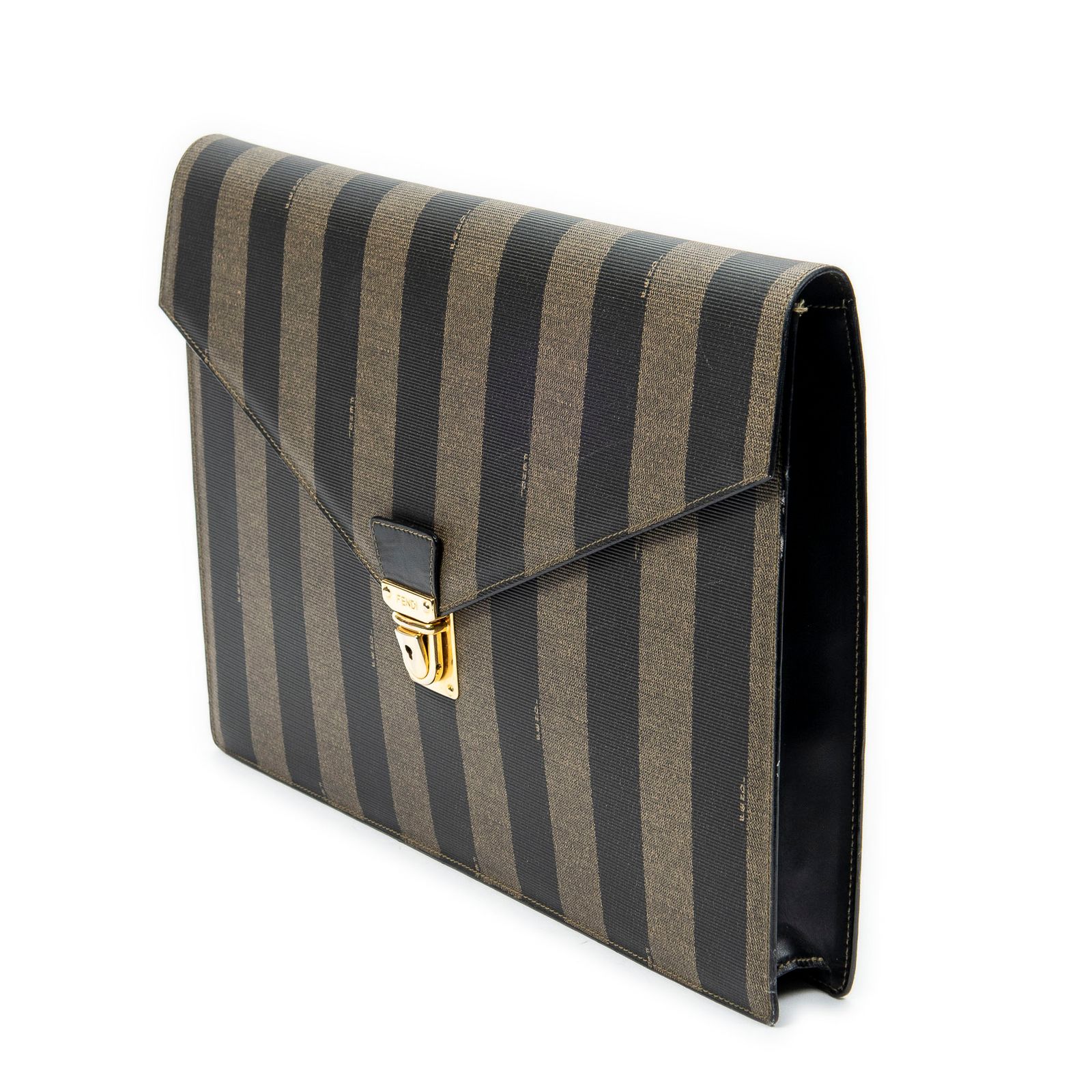 FENDI フェンディエンベロープドキュメントケースカーキ ブラックペカンストライプPVCキャンバスA