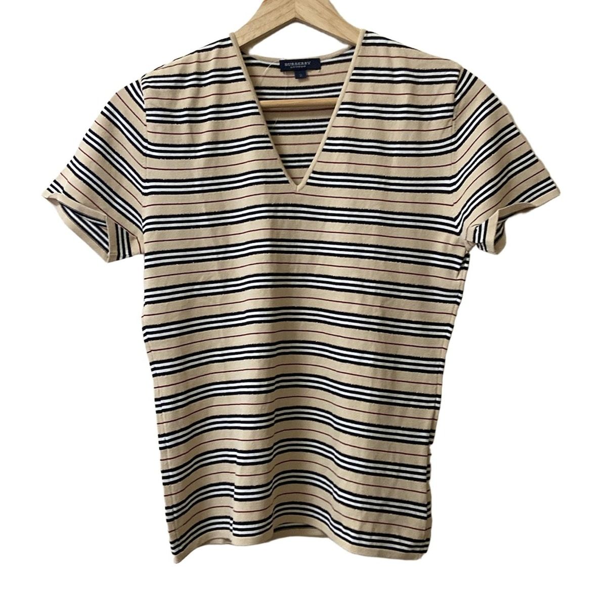 Burberry LONDON(バーバリーロンドン) 半袖セーター サイズ2 M レディース - ベージュ×黒×マルチ Vネック/ボーダー Burberry LONDON(バーバリーロンドン) 半袖セーター サイズ2 M