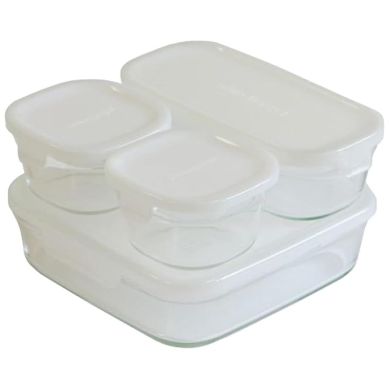 iwaki イワキ 耐熱 ガラス 保存容器 角型 パック-レンジ 4点セット ホワイト 200ml × 2個 | 500ml × 1個 | 1200ml × 1個 PS-PRN-4W2