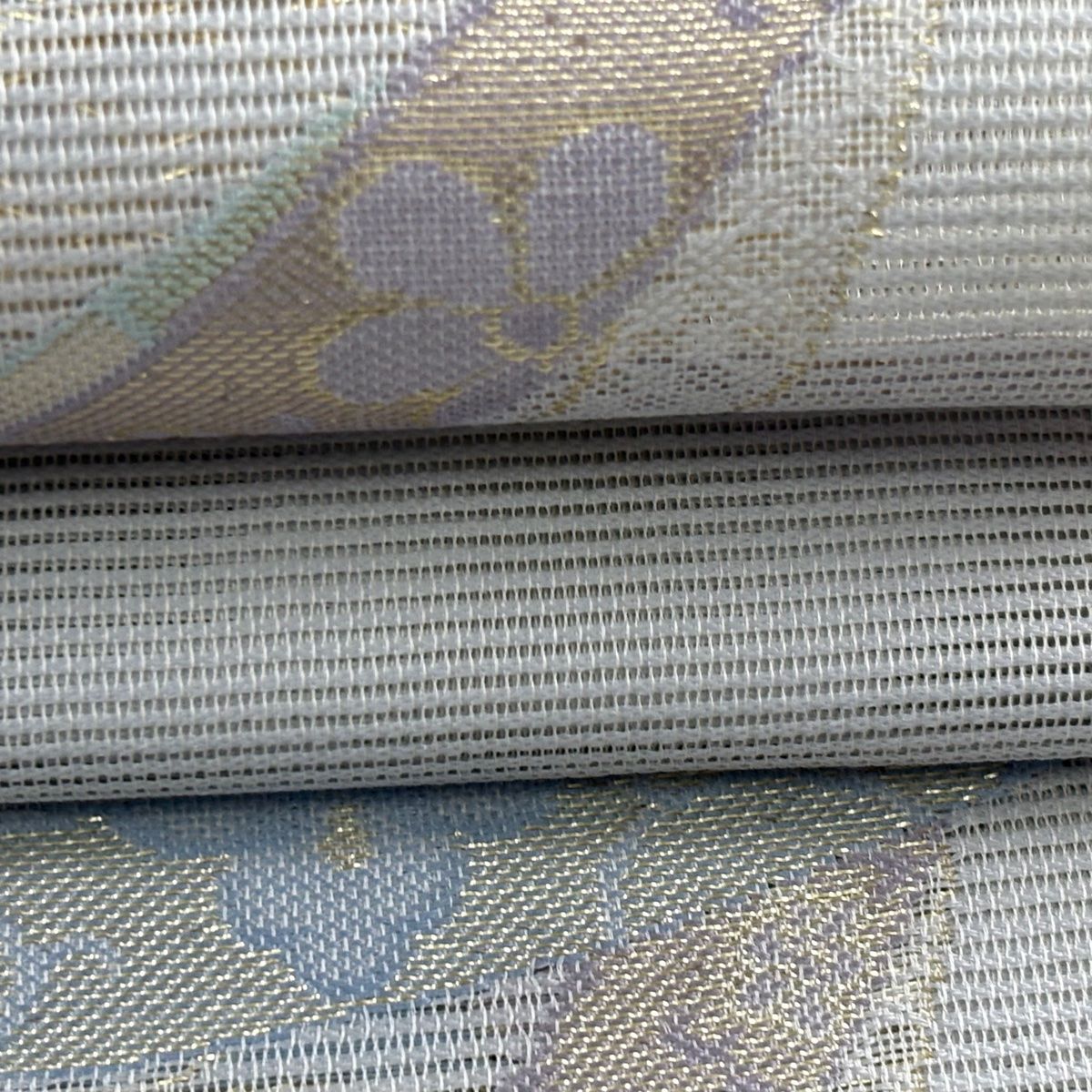 袋帯 美品 秀品 夏帯 絽 熨斗 草花 箔 灰色 六通 正絹 【中古