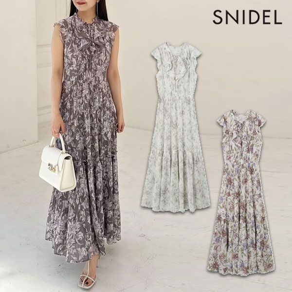 10%OFF スナイデル SNIDEL ワンピース 25春夏 プリーツプリントワンピース ノースリーブ ロング丈 swfo252055