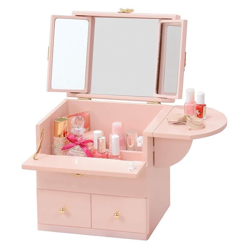 日展恵仙 伝統工芸 芍薬鎌倉彫 本漆塗仕上 三面姿見桐製鏡台 椅子付