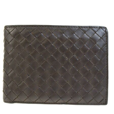【中古】 美品 ボッテガヴェネタ BOTTEGA VENETA イントレチャート 二つ折り 財布 ブラウン レザー 66BE216