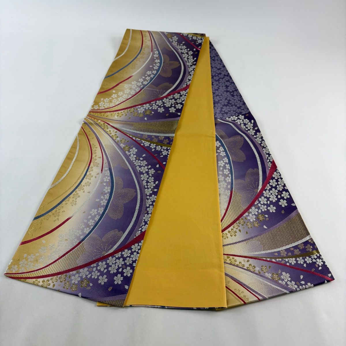 袋帯 美品 秀品 草花 縦縞 金糸 箔 紫 六通 正絹 【中古】 袋帯 秀
