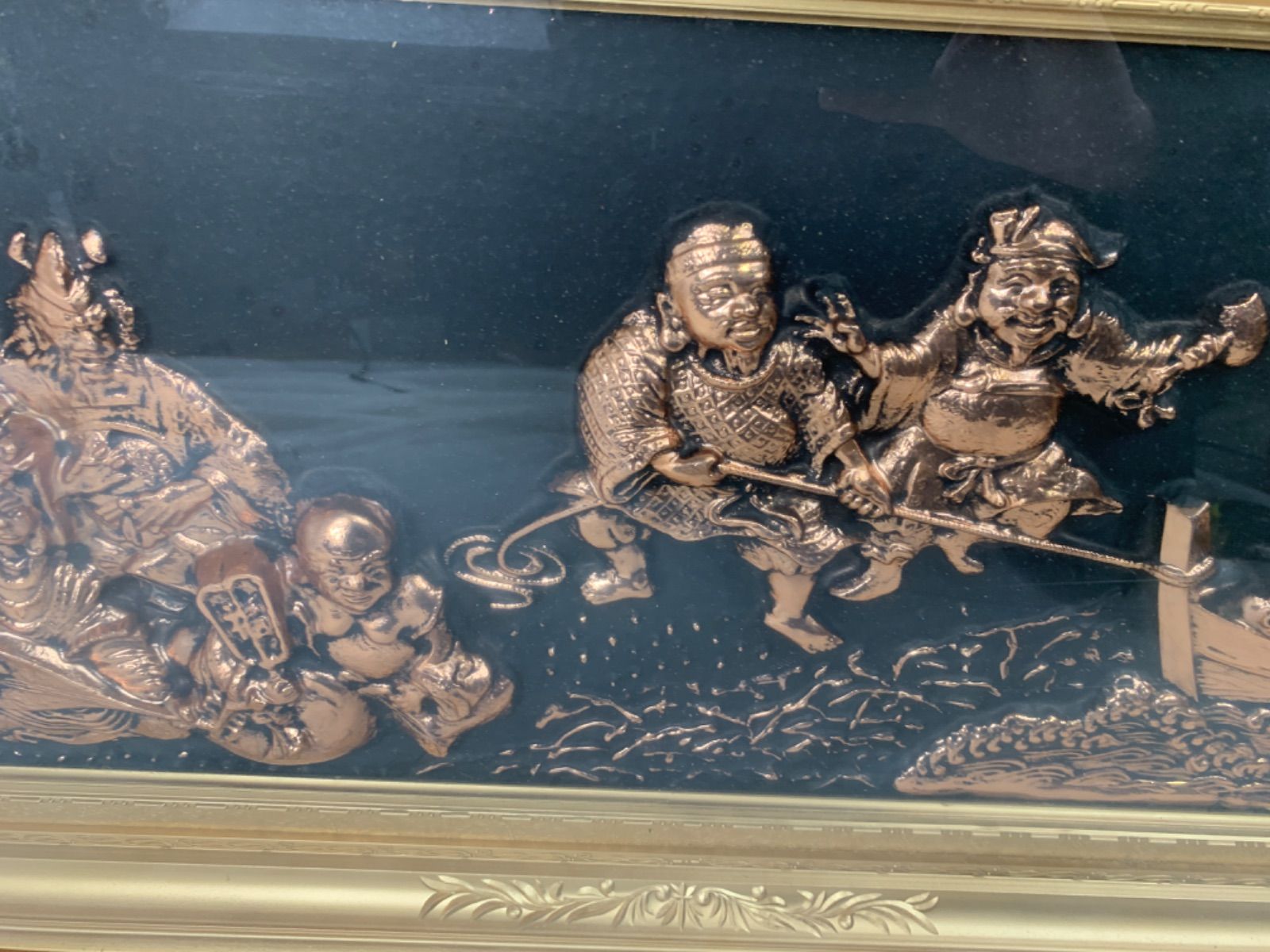 昭和レトロ 松庵 純金 純銀 鍍金 メッキ 七福神 宝船 金色の七福神 壁掛け 昭和レトロ 松庵 純金 純銀 鍍金 メッキ 七福神 宝船 金色の