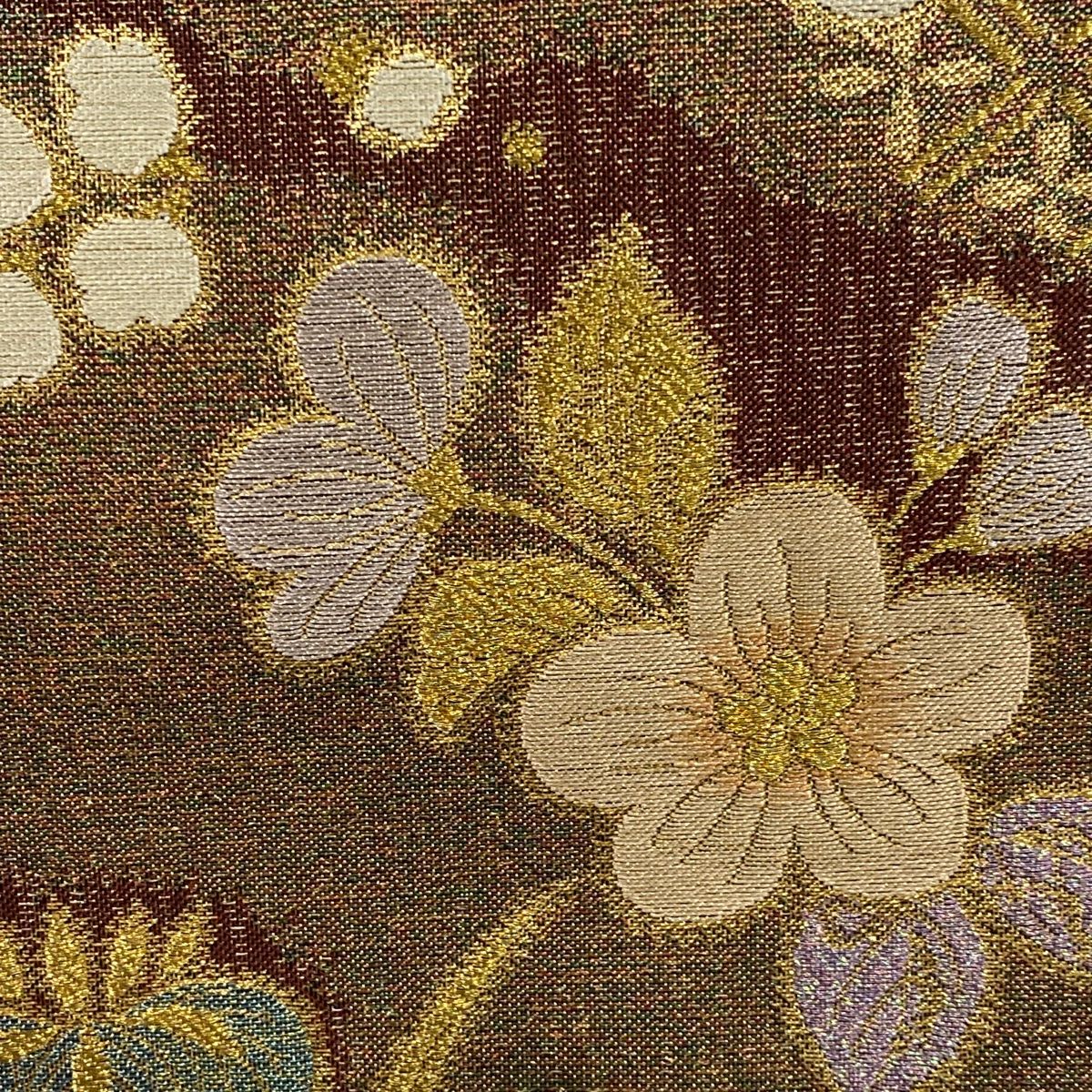 袋帯 秀品 草花 霞 箔 金通し 茶紫 お太鼓柄 正絹