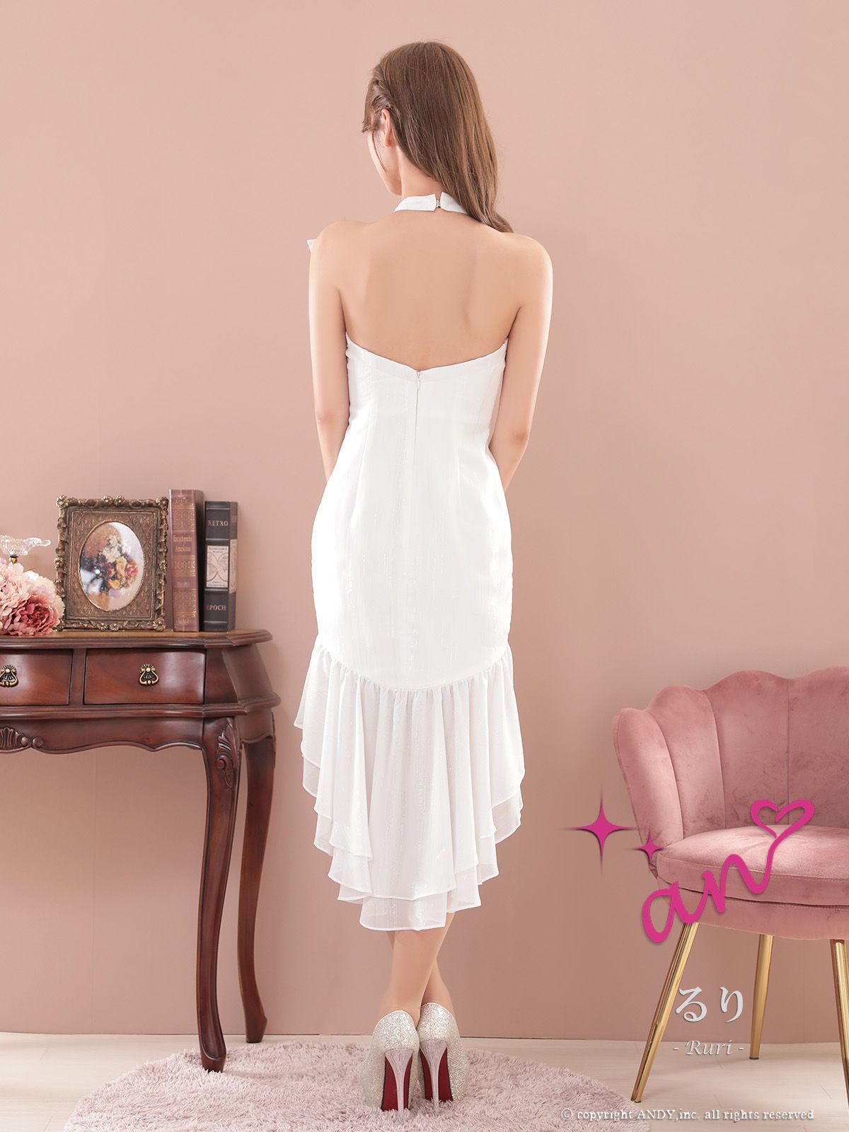 ホワイト AOC 3971-BE-2509 an アン AOC-3971 ラメ ホルターネック バストジップ ショルダーフリル テールカット マーメイド ミディアムドレス キャバドレス