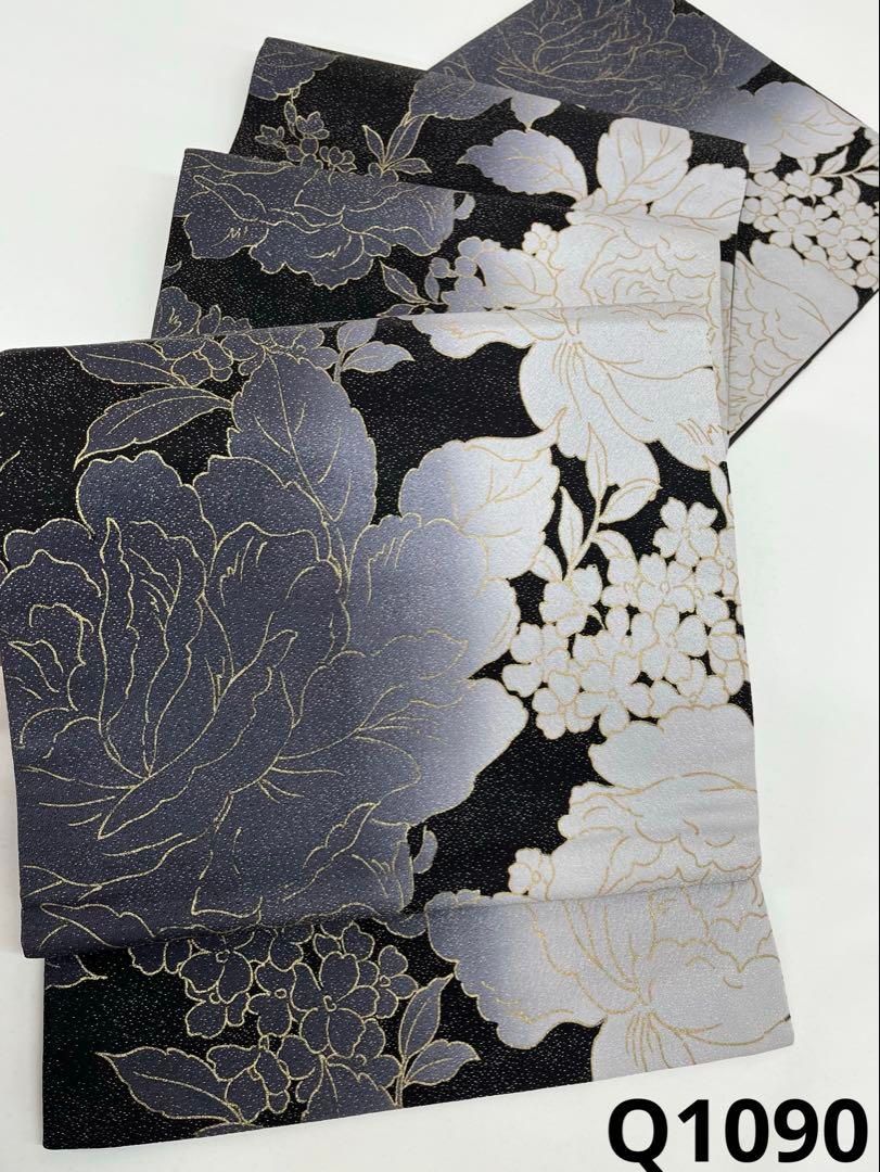 全通 袋帯 バラ モダン モノトーン 銀通し 金彩 正絹