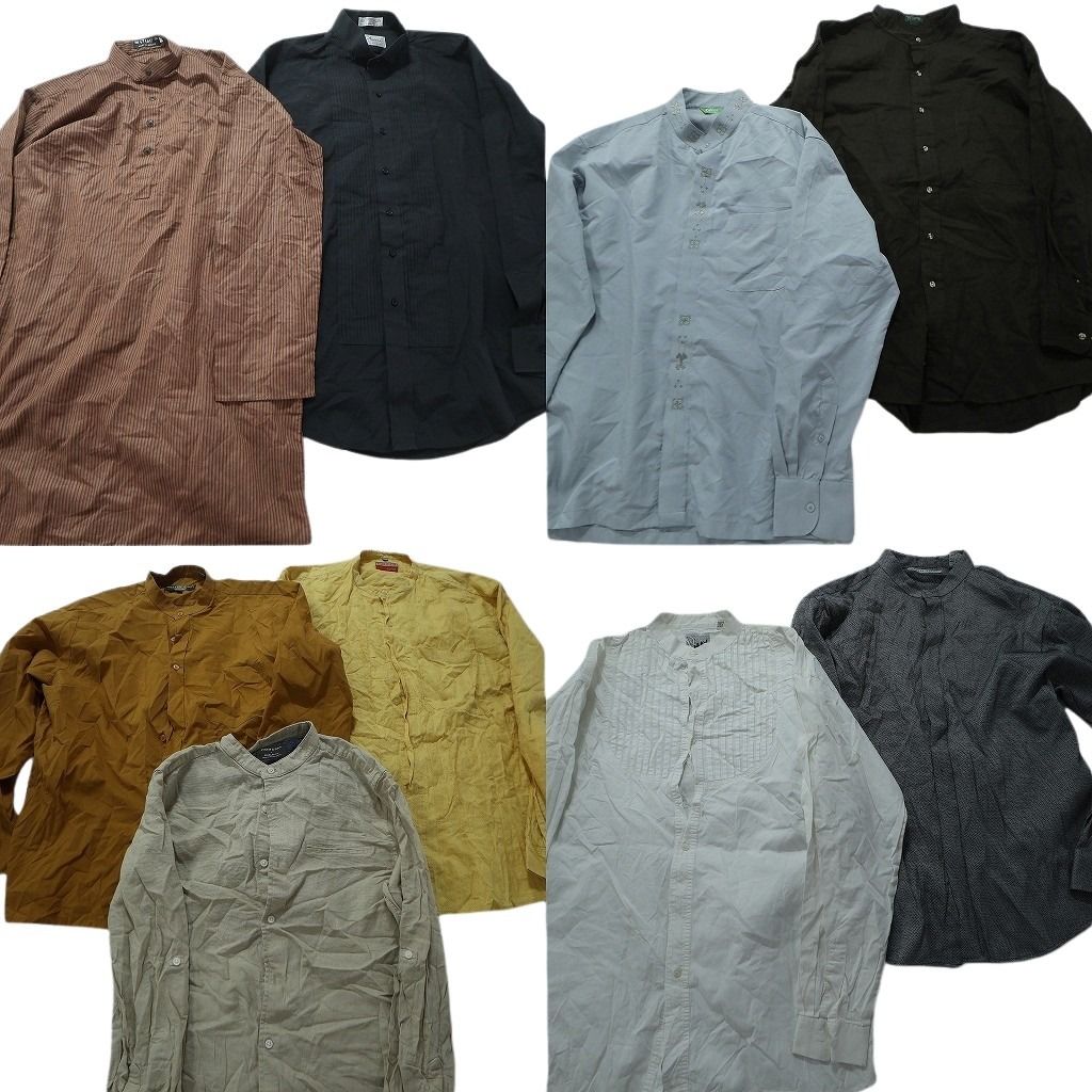 古着卸 まとめ売り  スタンドカラー・ノーカラーMIX  長袖シャツ 9枚セット (メンズ L /XL )プルオーバー ストライプ  アースカラー MU9778
