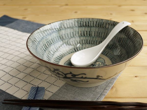 新品2点セット 染付ラーメン 古染暦文ラーメン鉢 丼 どんぶり 19.5x7cm