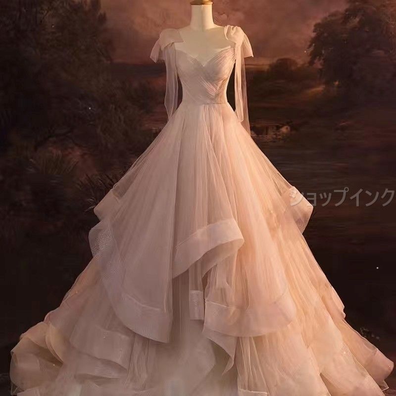 ドレス プリンセスライン ピンク 袖あり ロングドレス ウェディングドレス 結婚式 二次会 演奏会 発表会 ステージ衣装 シフォン フ スカート バックレス