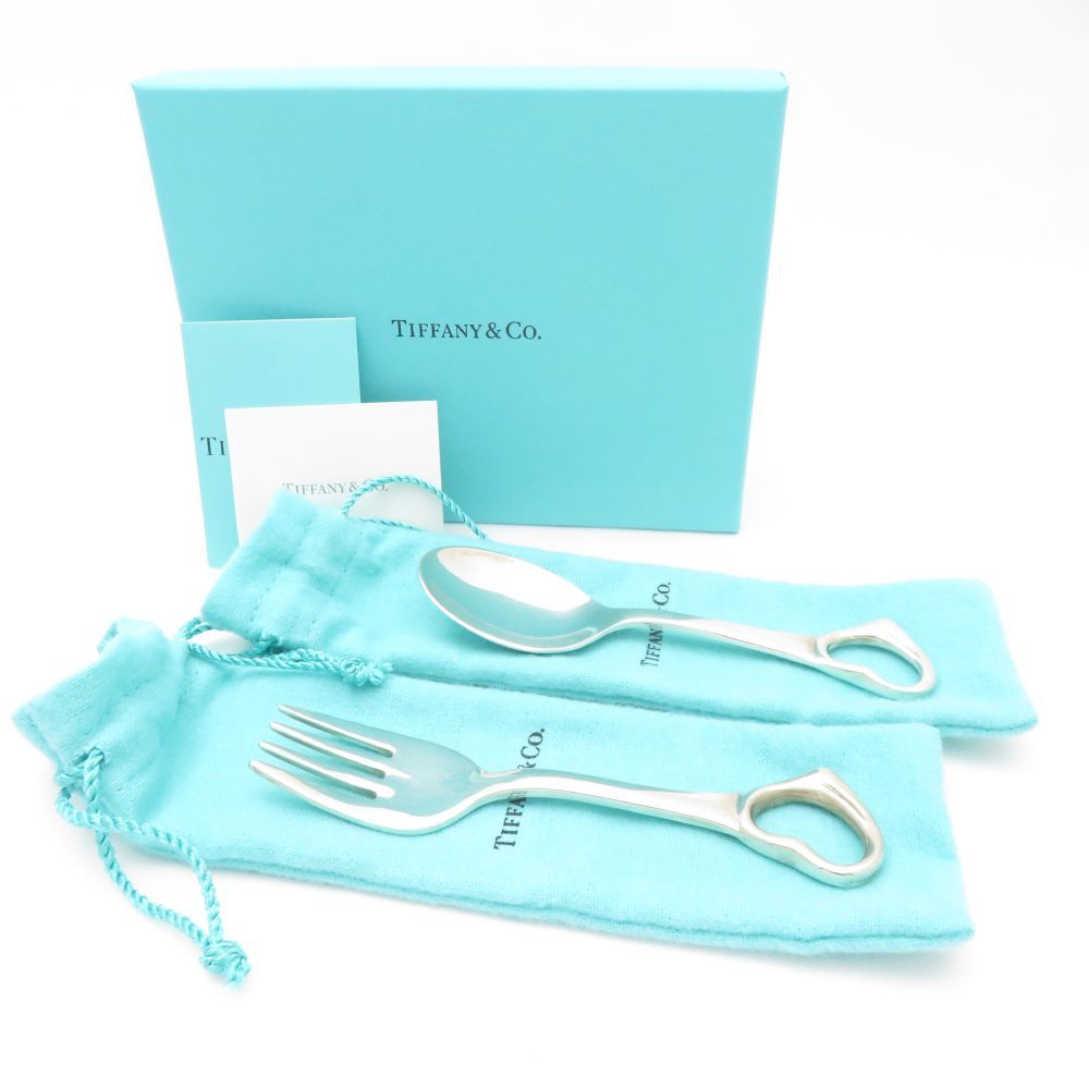 TIFFANY＆Co. ティファニー エルサ ペレッティ オープンハート ベビースプーン-フォーク 2点 Ag925 銀カトラリーセット 赤ちゃん SU12232P1