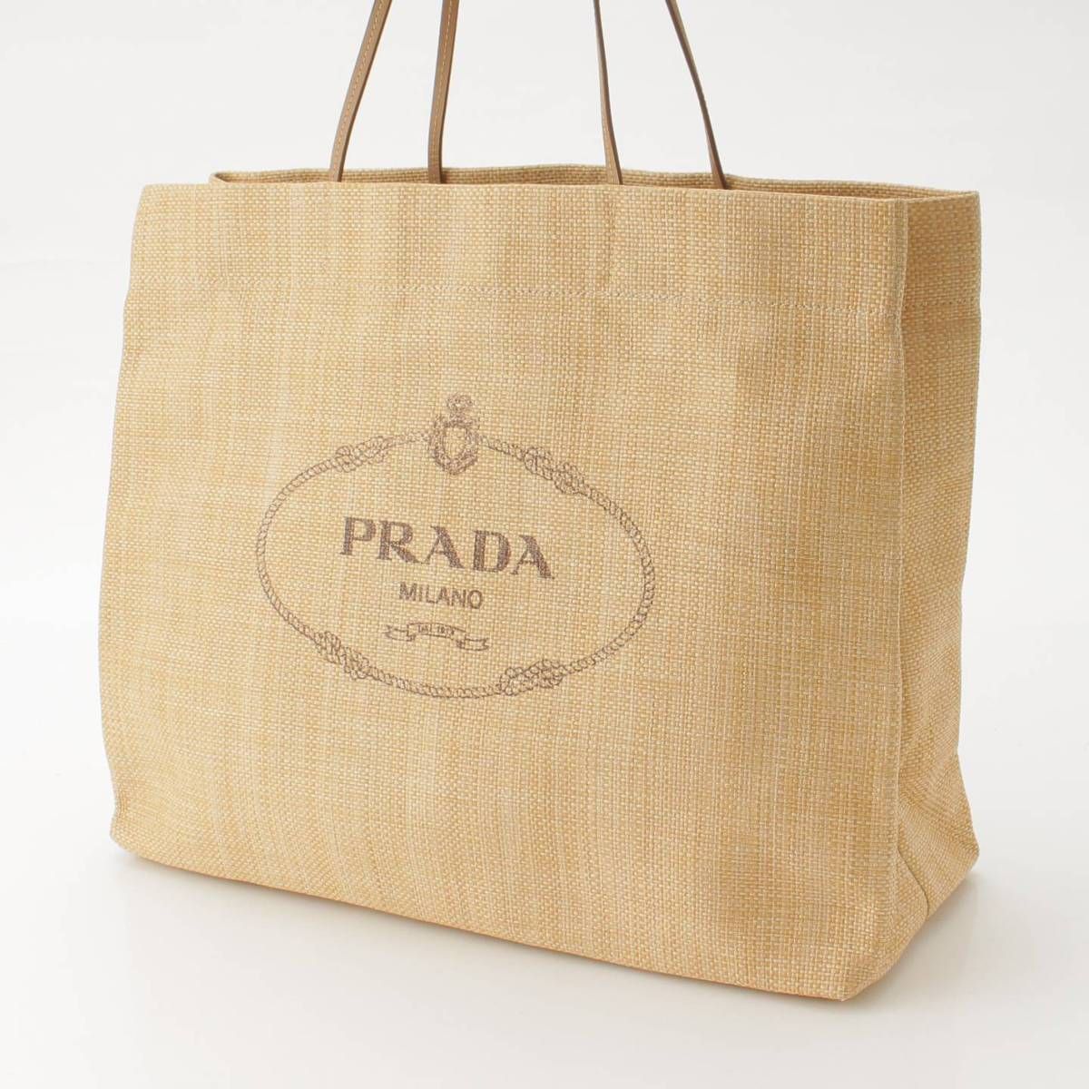 【希少】PRADA ロゴ入り ラフィア ショッパー バッグ ベージュ 希少】PRADA ロゴ入り ラフィア ショッパー バッグ ベージュ