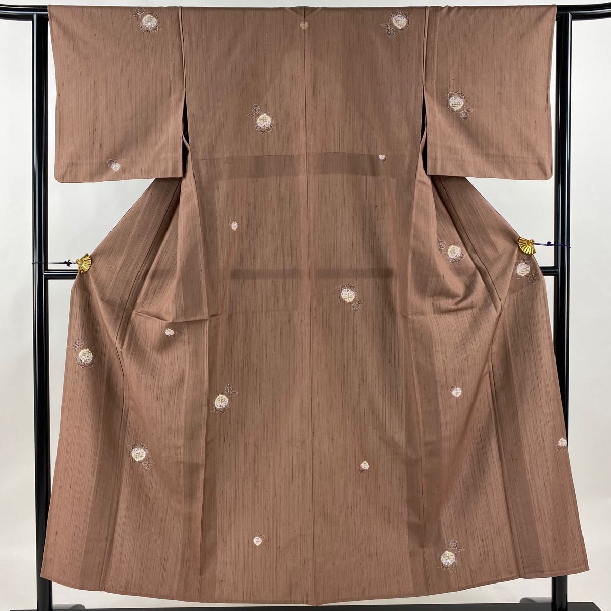 小紋 身丈152.5cm 裄丈62cm S 単衣 紬地 生り物 小豆色 正絹 名品 一つ  