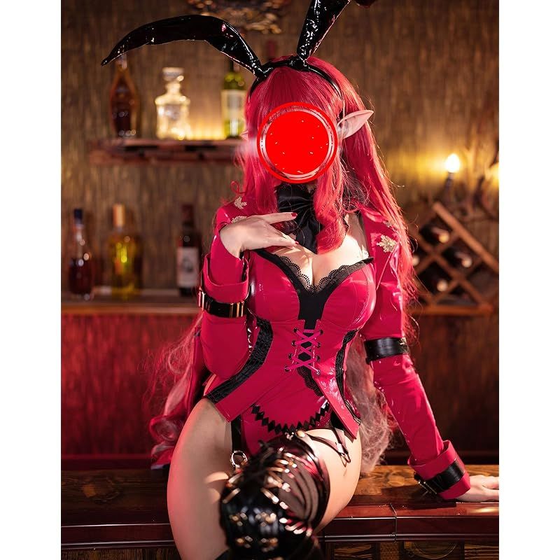 在庫 Miccostumes レディース 大人 バニーガール うさぎ風 妖精 精霊 制服 ボディスーツ レオタード コスプレ コスチューム 胸開き セクシー かっこいい かわいい 萌え 上下セット 衣装セット 仮装 変身 変装 レッド XL 1