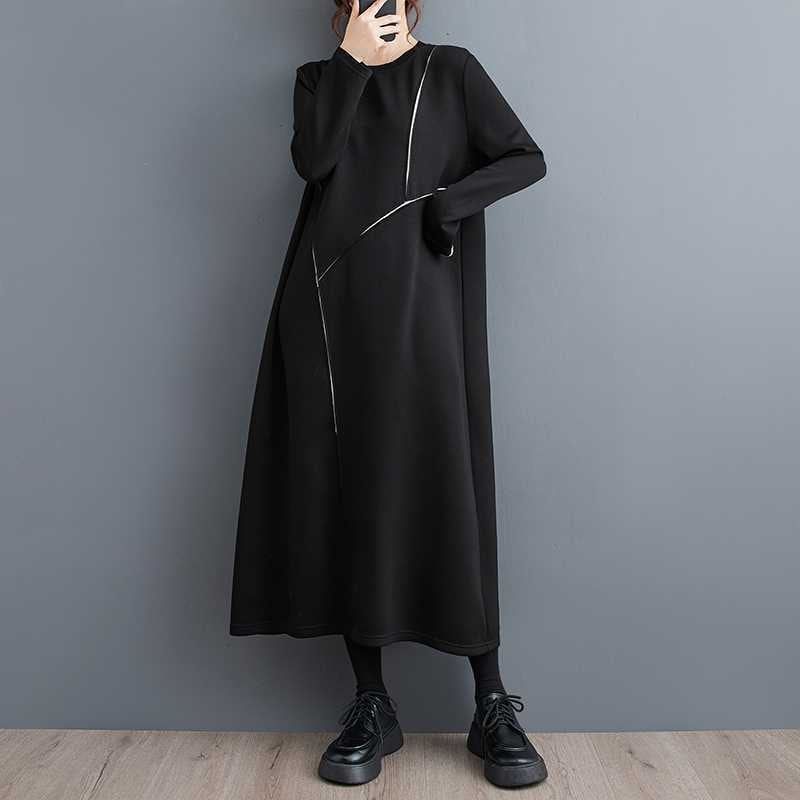 モード系 個性的なデザイン 秋 黒ワンピース 後ファスナー