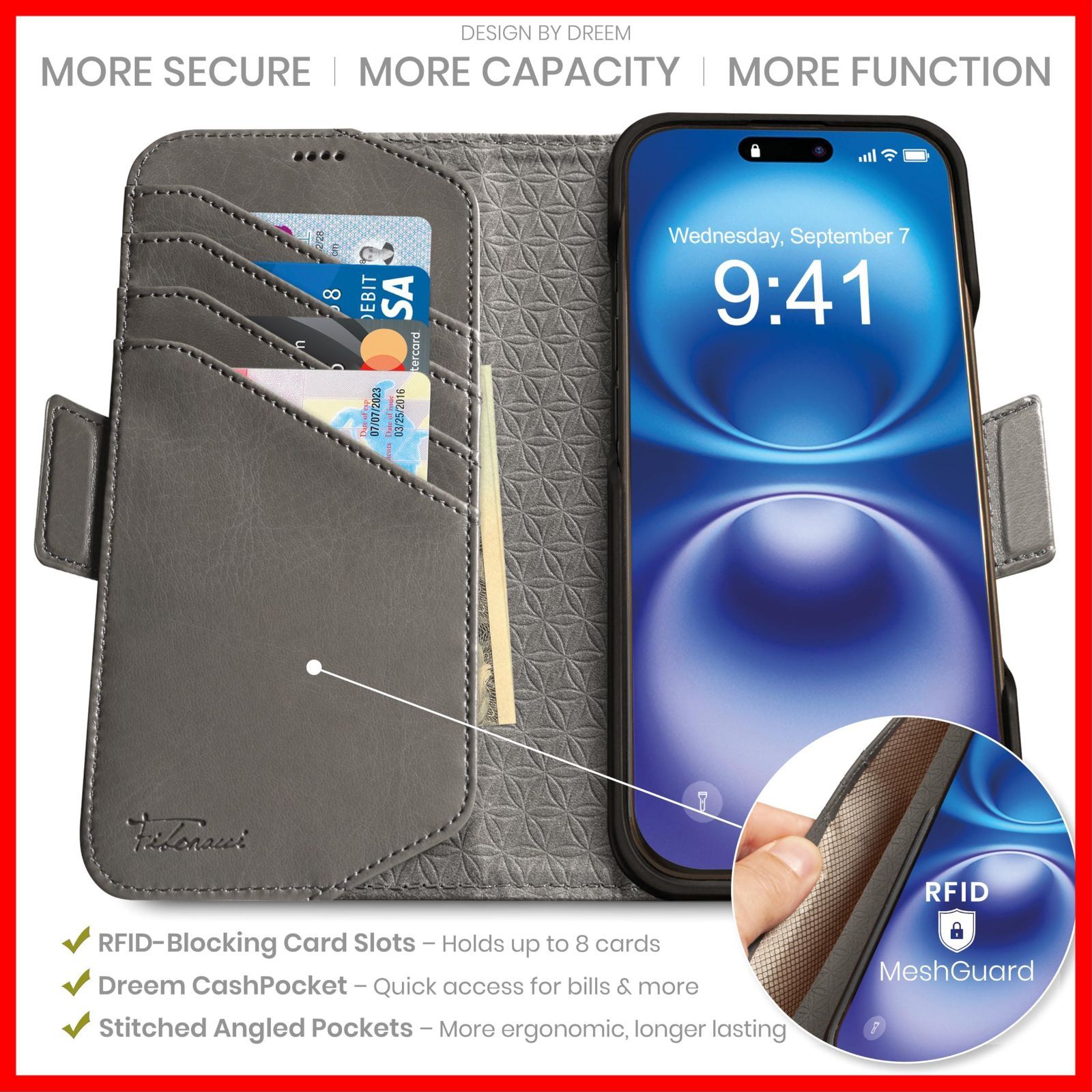 フィボナッチ Fibonacci 2イン1 財布型ケース Apple iPhone 16 Pro Max用 - Dreem ヴィーガンレザー製 マグネット着脱式 耐衝撃 携帯電話ケース RFIDカード保護機能 2通りに使えるフリップスタンド付き