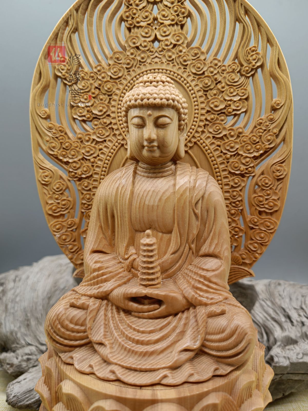 修縁堂】木彫仏像 薬師如来座像 薬師仏 彫刻 一刀彫 天然木檜材