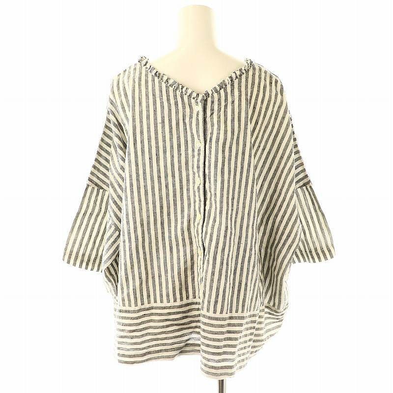 nest Robe / 24SS/ストライププチフリル2wayシ/FREE/リネン/GRY/ストライプ/01242-1532 ネストローブ nest Robe 24SS ストライププチフリル2wayシャツ 七分袖