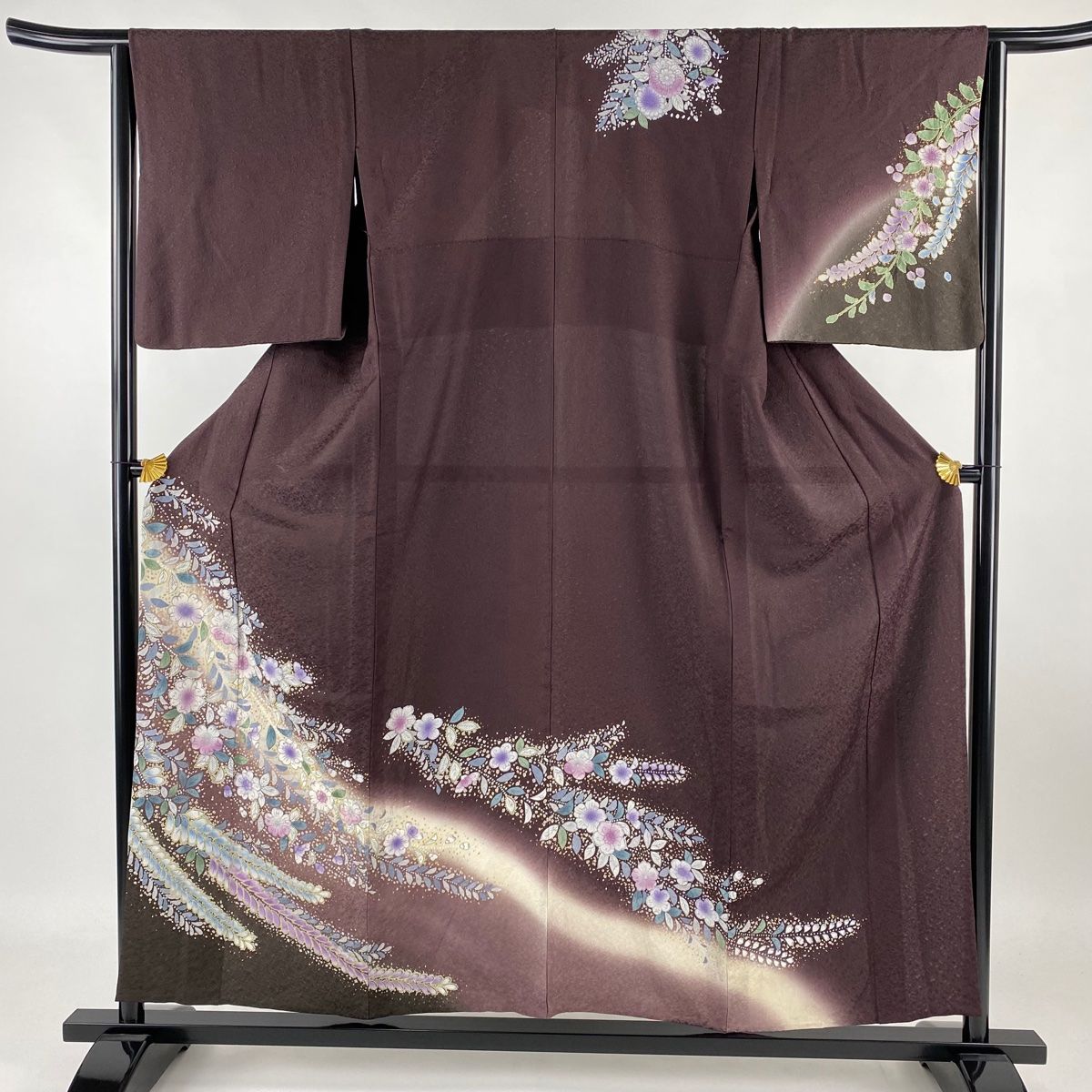 訪問着 身丈152.5cm 裄丈64cm M 単衣 草花 藤 金彩 ぼかし 茶紫 正絹 秀品