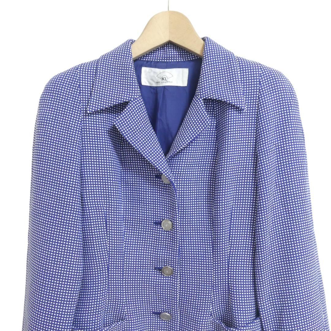 美品 KARL LAGERFELD カールラガーフェルド サイズ36 シングル 4B テーラードジャケット スーツ ドット柄 ロゴ ブルー系 ポリエステル×レーヨン 青 レディース