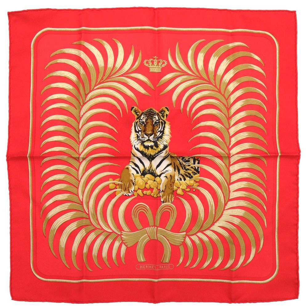 【美品】エルメス／カレ45 プチカレ 王者の虎 レッド ゴールド エルメス カレ45 王者の虎 TIGRE ROYAL プチカレ シルク レッド